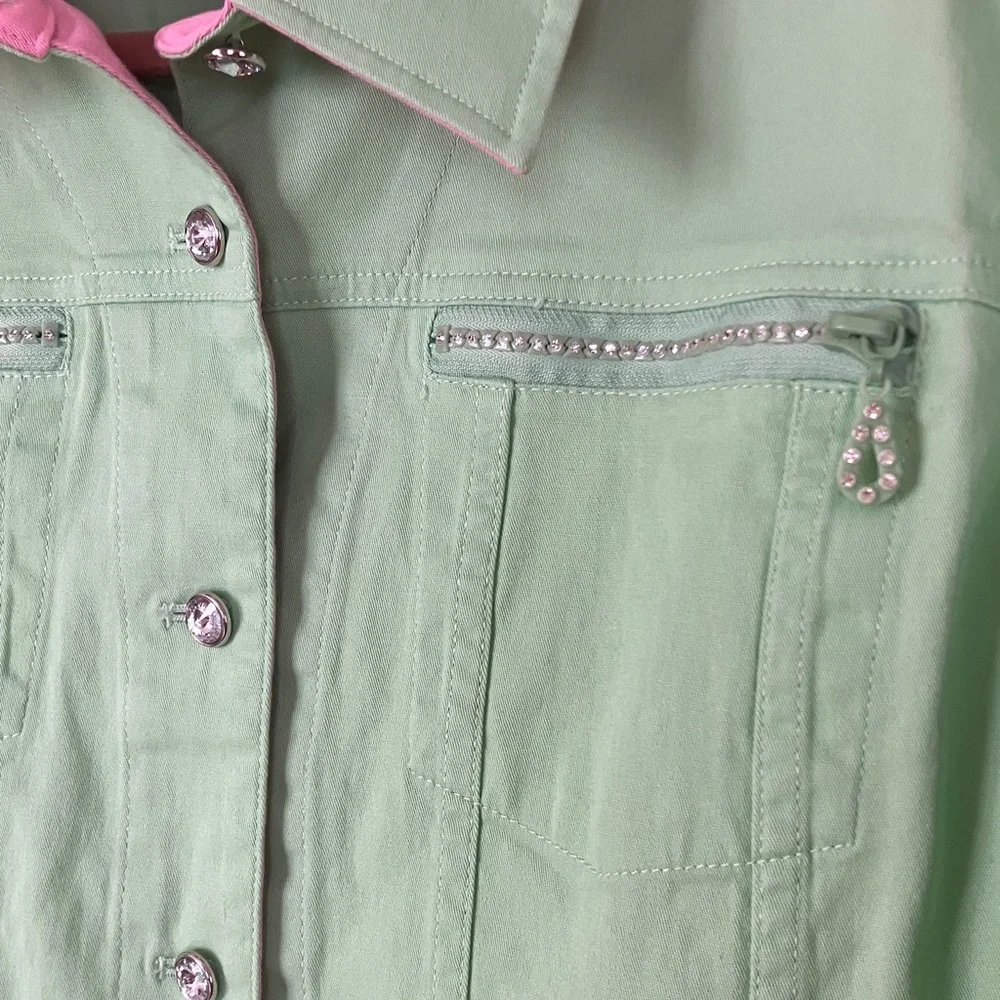 Quacker Factory Rhinestone Button Spring Green Jacket, 1X - Picture 2 of 7